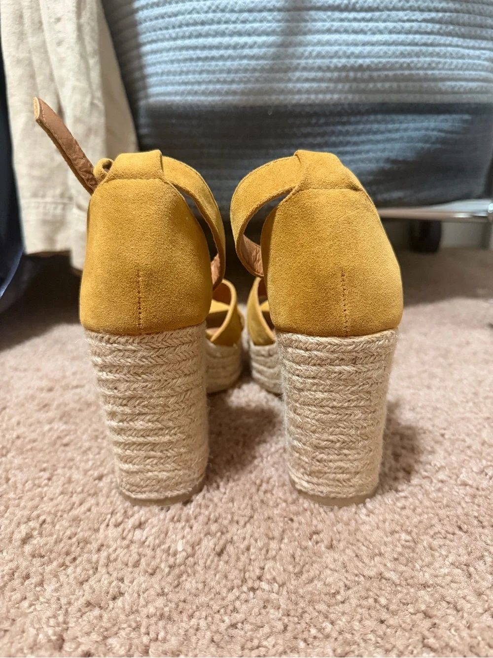 Mustard Suede Espadrille Wedge Sandals with Ankle Strap